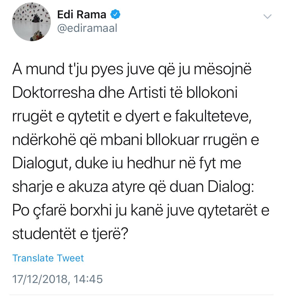 Bllokimi i rrugëve në Tiranë, Rama: Juve që ju mësojnë Doktoresha dhe Artisti të bllokoni rrugë e dyer, çfarë borxhi ju kanë qytetarët e studentët e tjerë?