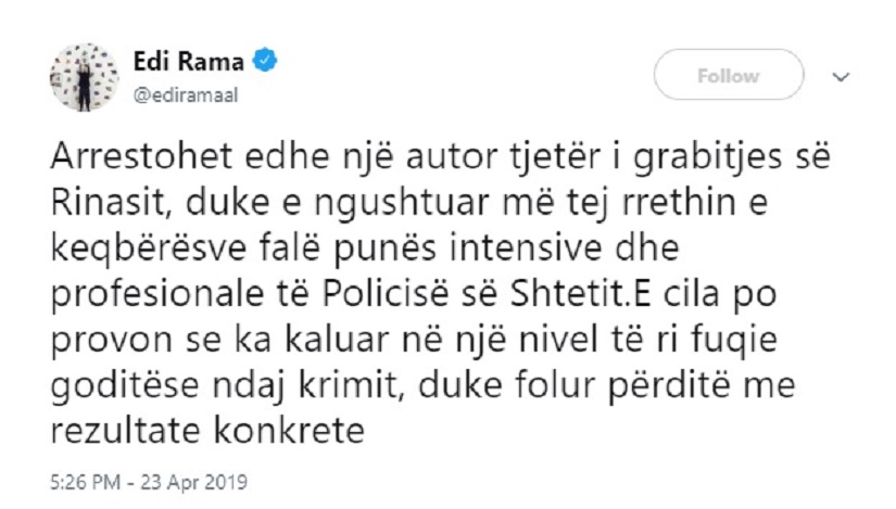 A.rrestimi i një prej grabitësve të Rinasit, reagon Rama: Keqbërësve po iu ngushtohet rrethi falë punës intensive dhe profesionale të Policisë