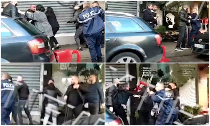 Plas keq sherri në Tiranë! Burra e gra ‘fluturojnë’ karriget në ajër: Efektivi i policisë nxjerr armën që t’i ndalojë, goditet me sende të forta e grushte dhe një gazetar (VIDEO)