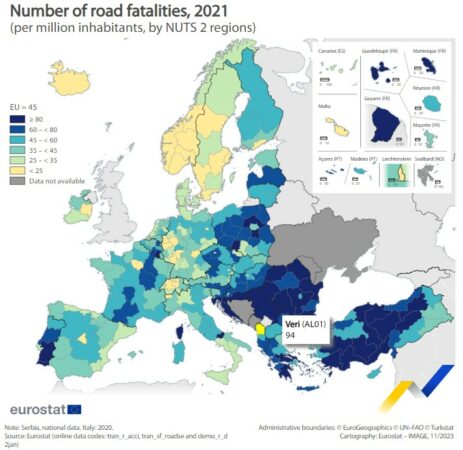 Eurostat: Veriu i Shqipërisë, një ndër rajonet me aksidentet më të larta me vdekje në Europë